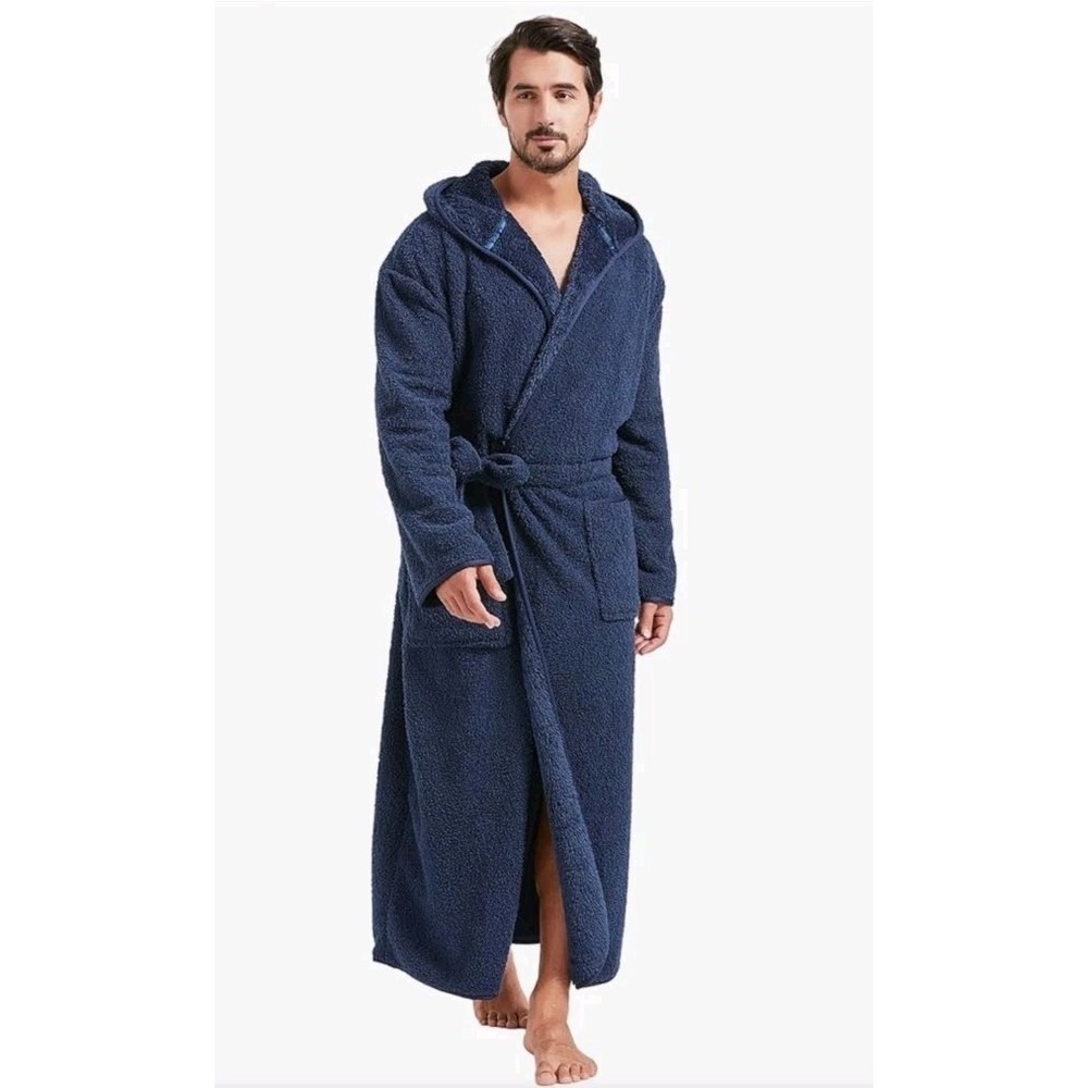 6XLT Mens Blue Plush Robe with Hood Full Long Luxury. Read Description For Fit